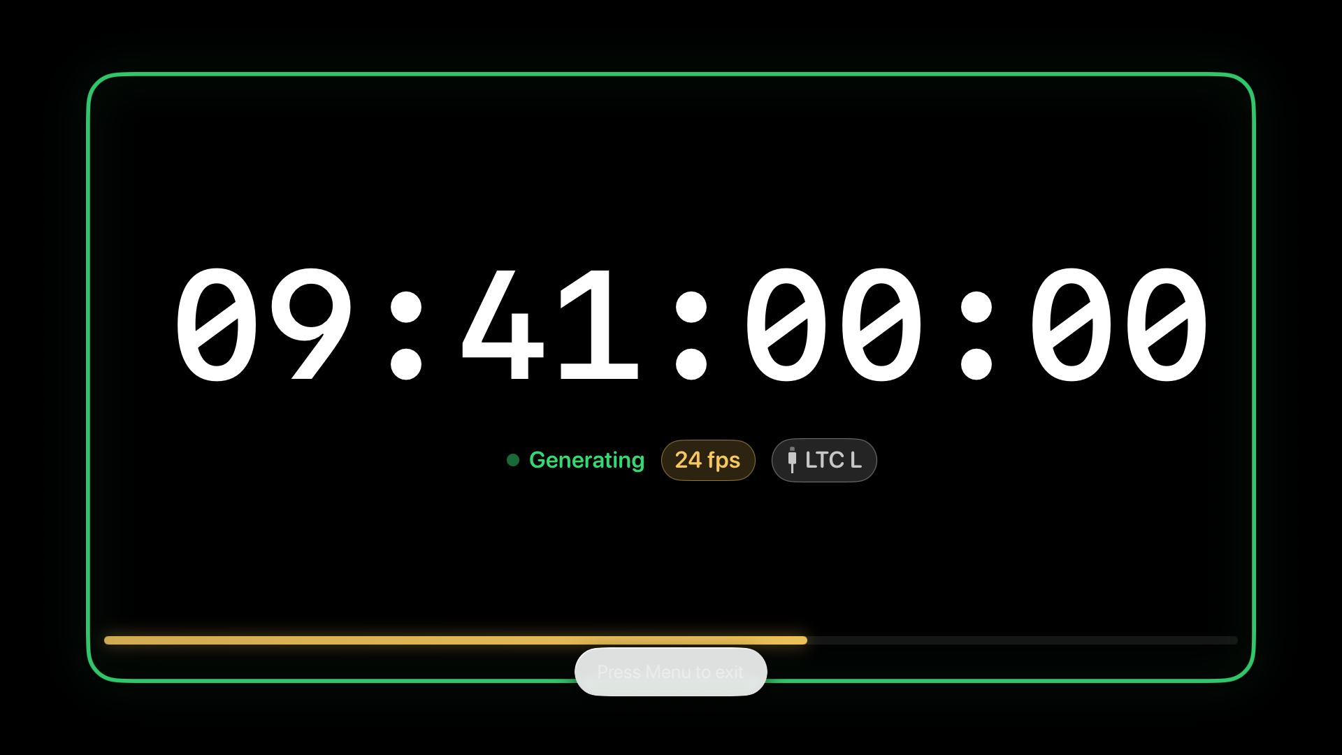 Holly Timecode display mode on Apple TV: large 09:41:00:00 digits, a Generating badge, and 24 fps.