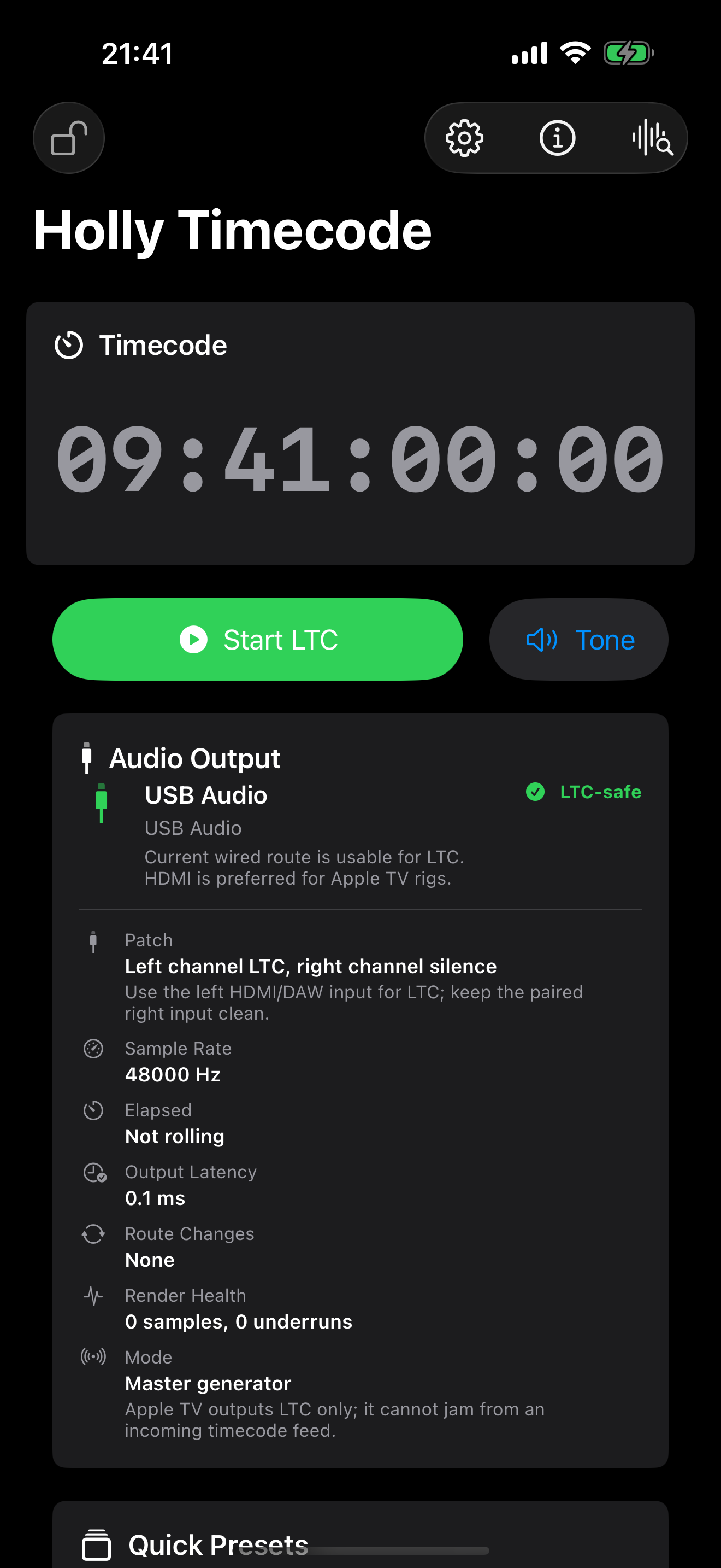 Holly Timecode on iPhone showing 09:41:00:00, a Start LTC button, and a USB audio route marked LTC-safe.