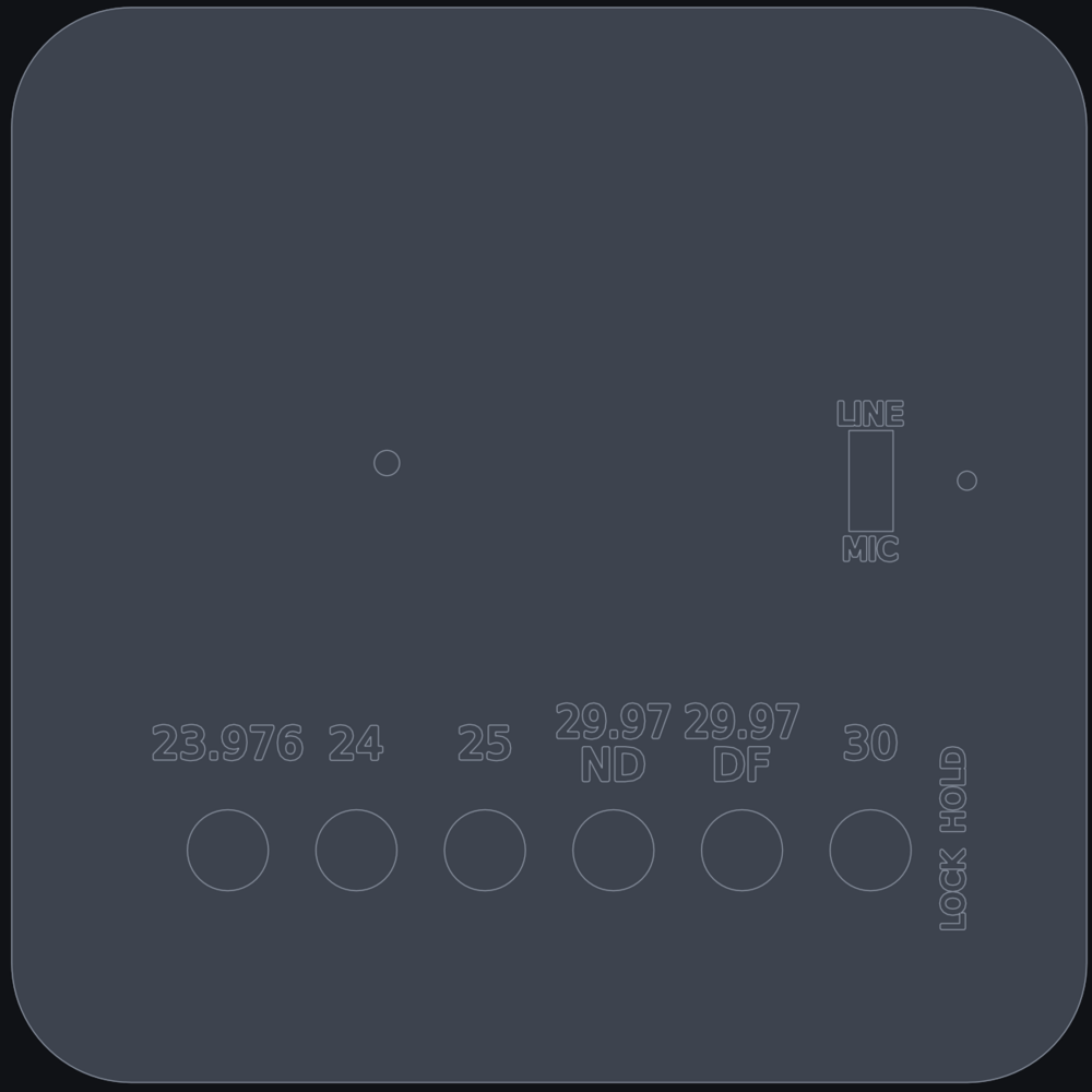 The Holly LTC Core lid seen from above: six buttons labeled 23.976, 24, 25, 29.97 ND, 29.97 DF, and 30, a LINE/MIC switch, and LOCK and HOLD lamps.